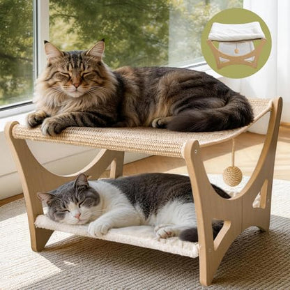 Double-Layer Cat Hammock Bed, Wooden Elevated Cat Beds with Natural Sisal Scratching Mat, Cats Scratcher Bed with Removable Soft Cushion, Cats Scratching Beds with Wood Frames - color: Narual Wood (Double Layers)