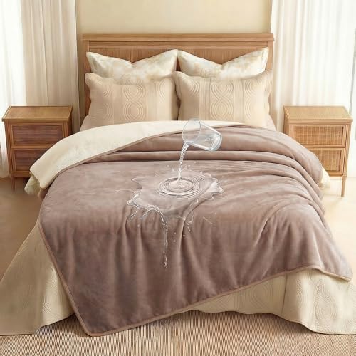 Luciphia Waterproof Blanket for Dog Washable Reversible Sherpa Fleece Throw Blanket for Bed Couch Soft Liquid Pee Proof Furniture Cover Protector for Small Medium Large Pet Cat Khaki 65" x 57" - color: Khaki+white, size: L (65" x57")