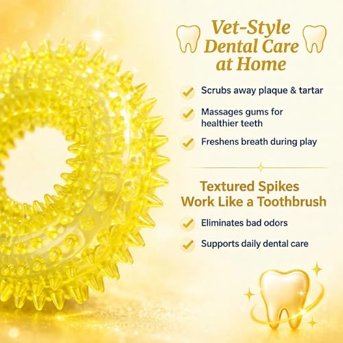 Squeaky Spiky Dog Ring Toy for Teeth Cleaning & Gum Massage 3.9 Inch Small Medium Dogs Yellow | Spiny TPR Rubber Chew Toy for Fetch Play Interactive Bouncy Dental Ring Durable BPA Free Nontoxic Floats - size: Yellow, Ring - 1 Pack