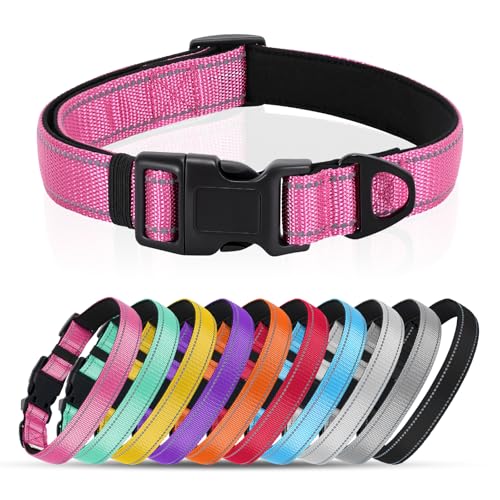 Reflective Dog Collar with Quick Release Buckle - Metal Ring - Adjustable Soft Neoprene Padded Basic Dog Collar for Small Medium Large Dogs (Hotpink, Small :Width 1",Neck 11.8-15.7") - color: Hotpink, size: Small