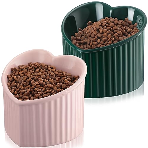 Mumufy 2 Pcs Ceramic Elevated Cat Bowls Tilted Elevated Raised Pet Bowls Anti Vomit Cat Dish for Indoor Stress Free Water Dish Feeder for Puppies, Heart Shaped(Pink, Peacock Green) - color: Pink, Peacock Green