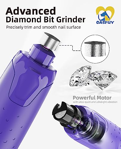 Casfuy Dog Nail Grinder Quiet - (45db) 6-Speed Pet Nail Grinder with 2 LED Lights for Large Medium Small Puppy Dogs/Cats, Professional 3 Ports Rechargeable Electric Dog Nail Trimmer with Dust Cap - color: Purple