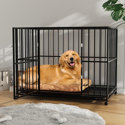Heavy Duty 48 Inch Dog Crate for Large Sized Dogs, Indestructible Stainless Steel Escape Proof Dog Kennel Indoor with Lockable Wheels and Removable Tray, Stackable Dog Cage for High Anxiety Dogs - size: 48 inch