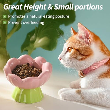 Ceramic Raised Cat Bowl Elevated, Tall & Tilted, Anti-Vomiting, Non-Slip, Cute Flower Cat Food Bowls for Dry Wet Food and Water, for Small Indoor Cats, Pink - size: Tall Bowl