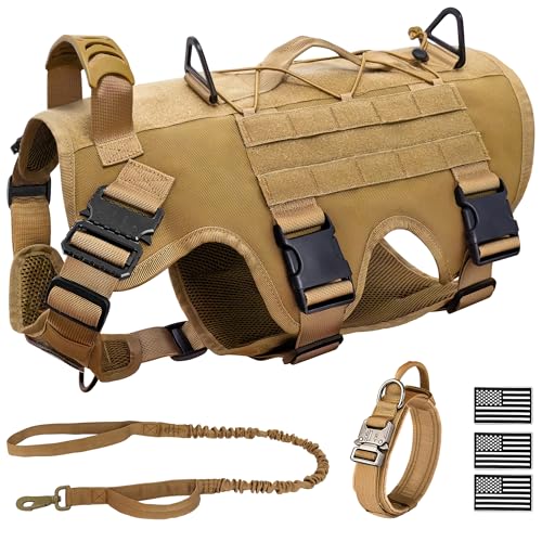 Tactical Dog Harness for Large Dog, Dog Collar and Bungee Leash Set No-Pull Military Dog Harness - Walking Training Gear for Large Dogs, Adjustable for Medium,Chest 21.5"-45", Khaki