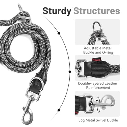 Hands-Free Dog Leash, 6.5ft Heavy Duty Reflective Nylon Leash with Dual Metal Hooks, Adjustable Crossbody & Waist Use for Walking, Jogging and Heel Training (Grey)