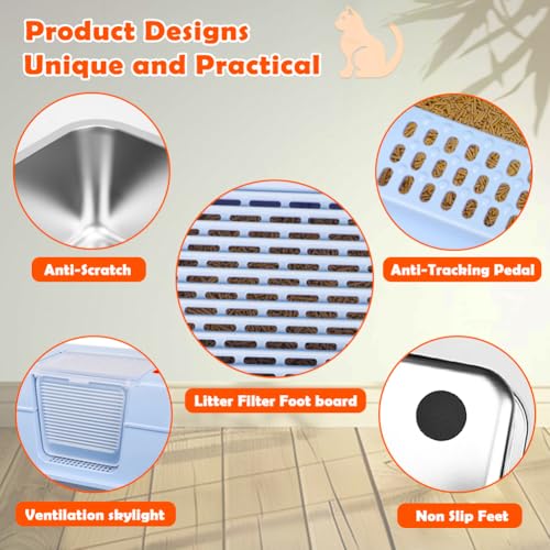 Vivifying Stainless Steel Litter Box with Lid, XL Side Entry Extra Large Litter Box for Big Cats & Kitty, Removable Enclosed Metal Cat Pan with High Sided Enclosure, Scoop, Mat, Footboard (Blue) - color: Blue