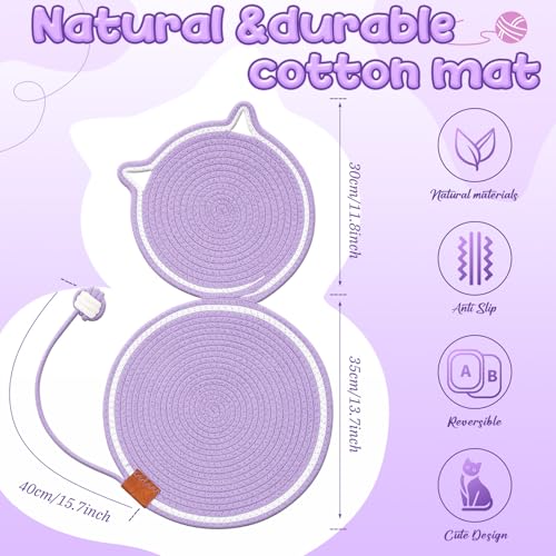 Shinylin 25.6 Inch Large Scratching Mat for Indoor Cats Natural Cotton Rope Flat Scratcher with Ear Hooks and Ball Toy Cat Scratch Rug Pad for Wall, Couch, Carpets, Sofas (Purple) - color: Purple