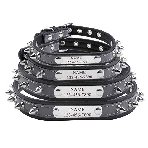Mogoko Personalized Punk Rock Spiked Dog Collar, Custom Puppy Pet Reflective Leather Collar with Engraved ID Name Plate for Small Medium Large Dogs（S Size; Black）