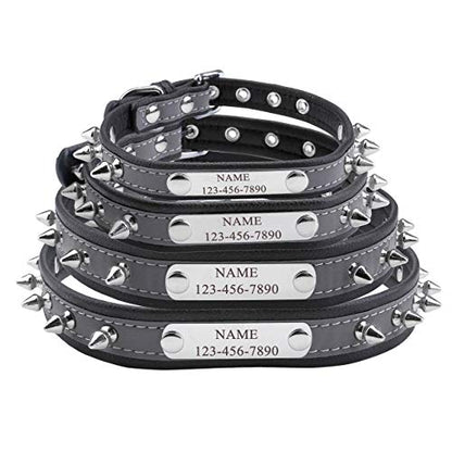 Mogoko Personalized Punk Rock Spiked Dog Collar, Custom Puppy Pet Reflective Leather Collar with Engraved ID Name Plate for Small Medium Large Dogs（S Size; Black）