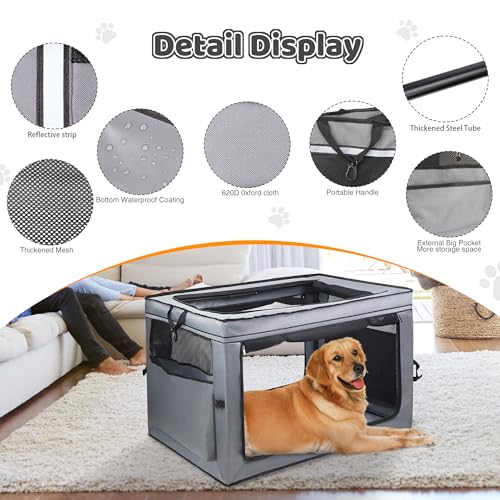 MEGHNA Dog Crate Portable Collapsible Lightweight Soft Sided Folding Travel Dog Kennel Double Door Collapsible 620D Oxford Fabric Cage (Grey, Large) - size: Large