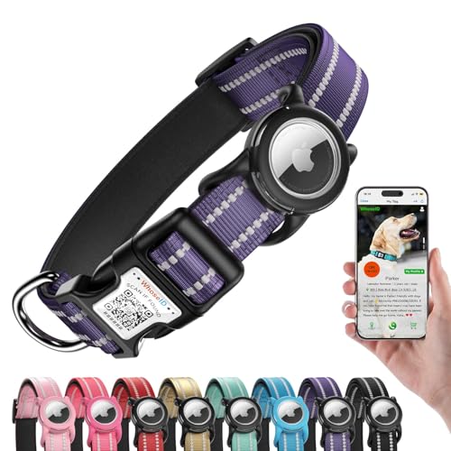 Reflective Dog Collar with AirTag Holder, Waterproof Dog Collar with QR Code, Heavy Duty Adjustable Pet Collar for Small Medium Large Dogs, Purple - color: Purple, size: S