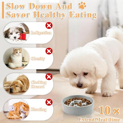 Ceramic Slow Feeder Dog Bowls, 1 Cups Dog Food Dish for Small and Medium Breed, Puzzle Dog Food Bowl for Fast Eater, 15OZ, 6.3 inch(Grey) - color: Grey-M