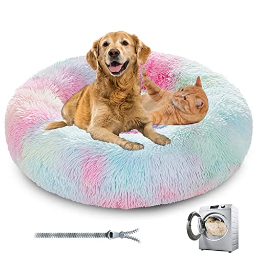 Donut Dog & Cat Calming Premium Plush Warm & Soft Pet Cosy Anti-Anxiety Beds with Non-Slip Bottom & Washable for Small/Medium/Large Dogs (Rainbow) - color: Rainbow, size: 15.7"40cm