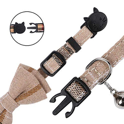 Faleela Breakaway Cat Collar with Bells - 2 Pack Cat Collar with Bells, Cat Collars with Bandana, Accessories for Pet Collars, Adjustable for Cats and Small Dogs - color: Brown bow+bandana