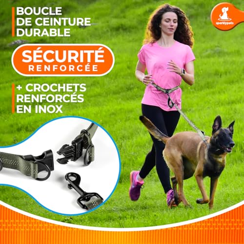 SparklyPets - Hands Free Dog Leash with Reflective Stitches - Waist Leash for Medium & Large Dogs Walking, Hiking, Training, Jogging, Canicross, Running - color: Olive Green, size: 1 dog M/L
