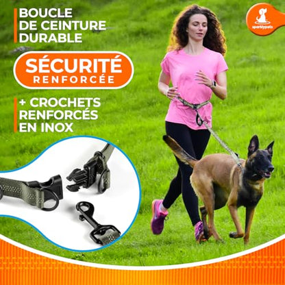 SparklyPets - Hands Free Dog Leash with Reflective Stitches - Waist Leash for Medium & Large Dogs Walking, Hiking, Training, Jogging, Canicross, Running - color: Olive Green, size: 1 dog M/L