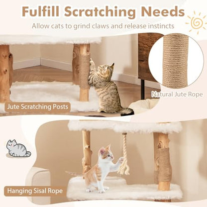 Tangkula Solid Wood Cat Tree, Modern Wooden Cat Tower with Jute Scratching Posts, 2 Perches, Condo, Sisal Rope, Soft Long Plush, 60 Inch Tall Cat Tree Tower for Indoor Cats Large Adult - style: Triangle Condo