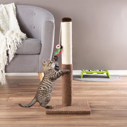 PETMAKER Cat Scratching Post - Tall Scratcher for Cats and Kittens with Sisal Rope and Carpet, Hanging Mouse Toy for Interactive Play (24.5 Inch) - color: Brown