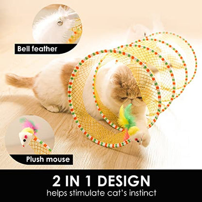 Spiral Tunnel Cat Toy, 25.59 Inches Unfolded with Cat Wand Self Play Collapsible, Hunting Spiral Tunnel with Feather Mouse Toys and Bell for Indoor Kitten Play Chase Exercise (Blue) - color: Blue+Pink