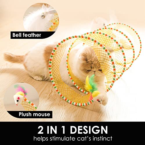Spiral Tunnel Cat Toy, 25.59 Inches Unfolded with Cat Wand Self Play Collapsible, Hunting Spiral Tunnel with Feather Mouse Toys and Bell for Indoor Kitten Play Chase Exercise (Yellow) - color: Yellow+Pink