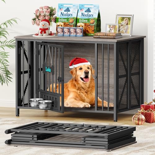 EasyCom Foldable Dog Crate Furniture, 41.3" Dog Crates for Medium/Large Dogs, Wooden Dog Kennel Indoor with Tag & Adjustable Bowls, Dog Cage Use as End Table/TV Stand, Oak Grey - color: OAK Grey, size: 41.3"W × 25.6"D × 28.6"H