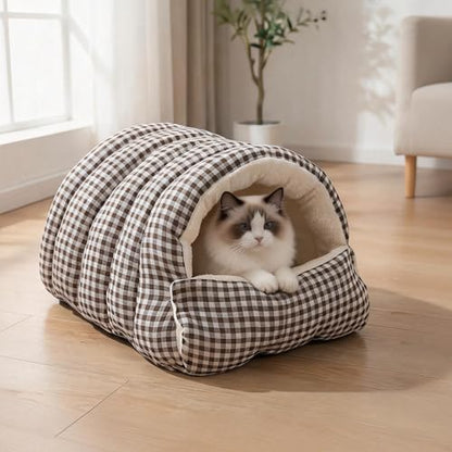 Small Cat Dog Cave Bed Calming Pet Nest Warm Plush Covered Cat House with Hooded Blanket Removable Hooded Blanket Cushion Washable Soft Calming Indoor Cat Bed(Gray, Medium) - color: Gray, size: Medium