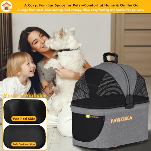 PAWZIDEA Portable Small Dog Crate for Car Travel up 33lbs, Enclosed Dog Car Seat Soft-Sided, Escape-Proof Reversible No-Zip Canopy, Foldable Pet Carrier Seatbelt for Small Medium Puppies & Cats Kennel - color: Mid-Hemp Grey, Small/Medium