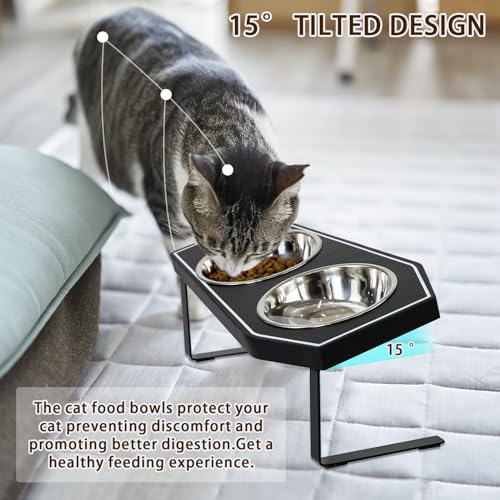 Cat Food Bowls Elevated, Gothic Cat Bowls, Raised Cat Bowls for Indoor Cats with Non-Slip Stand & Wood Board, Stainless Steel and Whisker Friendly Food Bowls - size: Cat Bowls x2