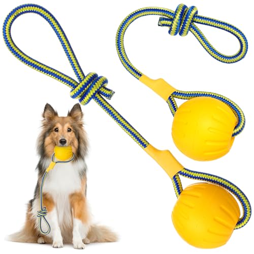 Hsei 2 Pcs Large Dog Ball on a Rope Rubber Dog Toy with Handle Ball Yellow Floats in Water for Tug Training Rewards Interactive Pet Fetch Catch Throw Outdoor Puppy Teething Medium Pet - size: Large