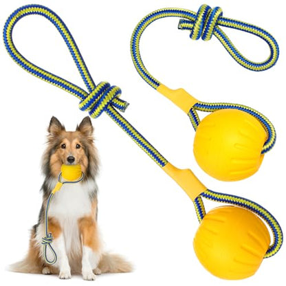 Hsei 2 Pcs Large Dog Ball on a Rope Rubber Dog Toy with Handle Ball Yellow Floats in Water for Tug Training Rewards Interactive Pet Fetch Catch Throw Outdoor Puppy Teething Medium Pet - size: Large