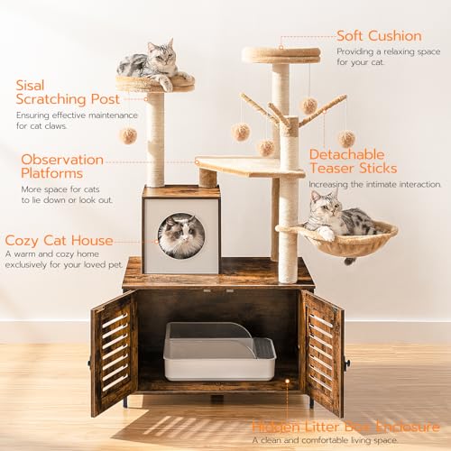 HOOBRO Cat Tree with Litter Box Enclosure, Scratching Posts, Litter Box Enclosure Furniture for Indoor Cats, All-in-One Wooden Cat Tower Condo House with Cat Hammock, Rustic Brown BF14MZ03 - color: Rustic Brown