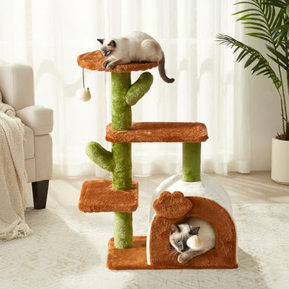 Cactus Cat Tree for Indoor Cats, 27.5'' Small Cat Tower with Cozy Condo, Wide Top Perch Multi-Level Climbing and Lounging Space, Brown - color: Brown-2