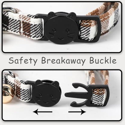 Unique style paws 2 Pack Kitten Collar Breakaway with Bell & Pendant, Adjustable Safety Cat Cotton Collars for Girl Boy Cats and Small Pets - color: brown yellow grid