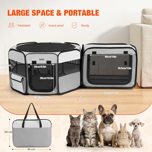 2-in-1 Portable Cat Playpen, [48 * 26 * 26in] Large Pet Playpen with Detachable Litter Box Enclosure Playpen, Pop-Up Indoor/Outdoor Puppy Kennel for Cats/Small Dogs/Rabbits, Foldable with Carry Bag