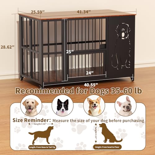 JUNEU 42'' Dog Crate Furniture, Easy Assembly Dog Kennel Indoor, Collapsible Heavy Duty Dog Crate for Medium/Large Dog(35-60 lb), Wooden Corner Dog Crate with Wheels & Adjustable Bowl Holders