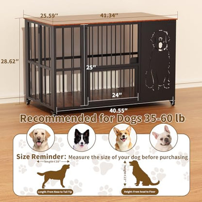 JUNEU 42'' Dog Crate Furniture, Easy Assembly Dog Kennel Indoor, Collapsible Heavy Duty Dog Crate for Medium/Large Dog(35-60 lb), Wooden Corner Dog Crate with Wheels & Adjustable Bowl Holders