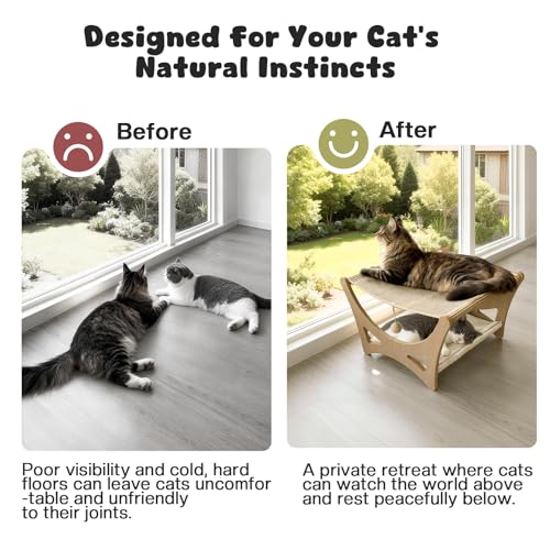 Double-Layer Cat Hammock Bed, Wooden Elevated Cat Beds with Natural Sisal Scratching Mat, Cats Scratcher Bed with Removable Soft Cushion, Cats Scratching Beds with Wood Frames - color: Narual Wood (Double Layers)