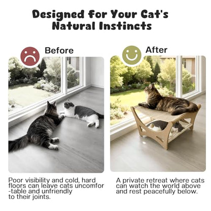 Double-Layer Cat Hammock Bed, Wooden Elevated Cat Beds with Natural Sisal Scratching Mat, Cats Scratcher Bed with Removable Soft Cushion, Cats Scratching Beds with Wood Frames - color: Narual Wood (Double Layers)