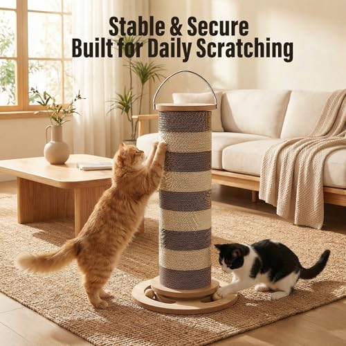 24” Cat Scratching Post, Stable Vertical Cat Scratcher for Indoor Cats, Durable Cardboard Design with Replaceable Blocks, Space-Saving Scratching Post