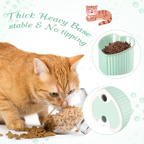 Mumufy 2 Pcs Ceramic Elevated Cat Bowls Tilted Elevated Raised Pet Bowls Anti Vomit Cat Dish for Indoor Stress Free Water Dish Feeder for Puppies, Heart Shaped(Grass Green) - color: Grass Green