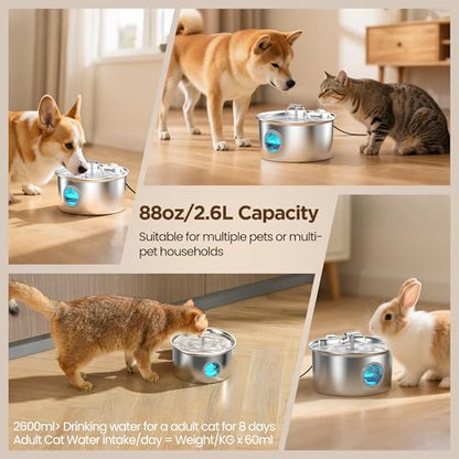 Cat Water Fountain Stainless Steel: 2.6L Cat Fountain for Drinking - Pet Water Fountain for Cats Indoor - Automatic Pet Water Dispenser Bowl - Best Auto Feeding Supplies Gift for Small Dog Large Kitty