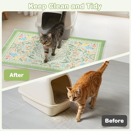 Washable Cat Litter Mat 48"x36" 2Pack with Non-Slip Bottom Waterproof Litter Box Mat Easy to Clean Litter Trapping Mat for Kitty - color: Bean Green Flower, size: 48"x36"-2 Pack