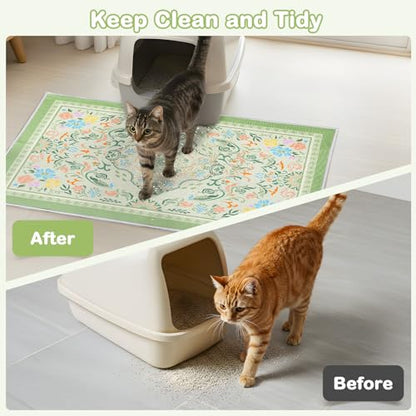 Washable Cat Litter Mat 48"x36" 2Pack with Non-Slip Bottom Waterproof Litter Box Mat Easy to Clean Litter Trapping Mat for Kitty - color: Bean Green Flower, size: 48"x36"-2 Pack