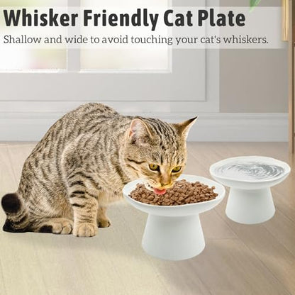 VCEPJH Raised Cat Food Bowls Shallow Cat Plate Pack of 2 Ceramic Elevated Cats Dish 6.1in Flat Anti Whisker Fatigue Wide Pet Food & Water Feeder for Indoor Kitty Kitten (White) - color: White