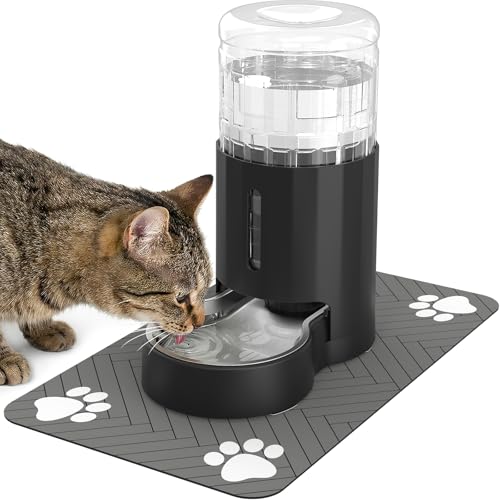JUNSPOW Cat Water Dispenser with Placemat and Stainless Steel Bowl, Automatic Gravity Water Dispenser for Cats or Small Medium Size Dogs, Large Capacity, Easy to Clean and Safe for Pets (4L Black) - color: Black, size: 4L+Mat