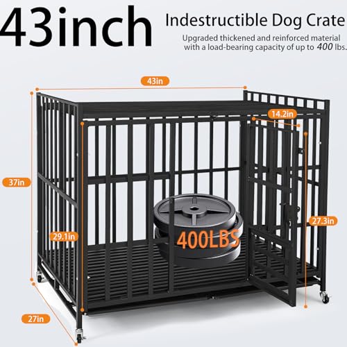 49/48/43/42Inch Heavy Duty Indestructible Dog Crate for Large Dogs,Escape-Proof Steel Kennel for Large Dogs,3Door Design with Lockable Wheels,Extra Large XXL Dog Cage with Removable Tray (43) - size: 43