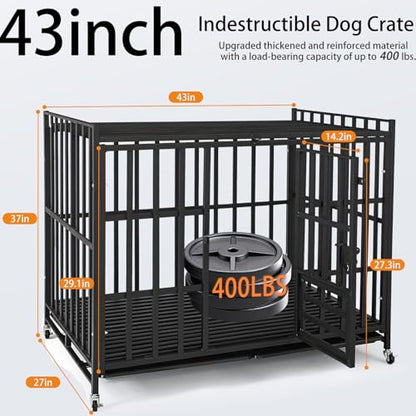 49/48/43/42Inch Heavy Duty Indestructible Dog Crate for Large Dogs,Escape-Proof Steel Kennel for Large Dogs,3Door Design with Lockable Wheels,Extra Large XXL Dog Cage with Removable Tray (43) - size: 43