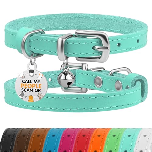Leather Cat Collar with Removable Bells Non Breakaway Kitten QR Tag for Girl Boy (7" - 9" for Cats, Turquoise & Silver) - color: Turquoise & Silver, size: 7 - 9 inch