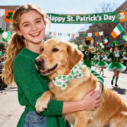 DOGWONG St. Patrick's Day Shamrock Dog Collar with Bow,Pink Green Four Leaf Clover Pattern Dog Collar, Adjustable Durable Soft Collars Irish Gift for Male Female Dogs,S - color: C-Pink shamrock bow, size: S